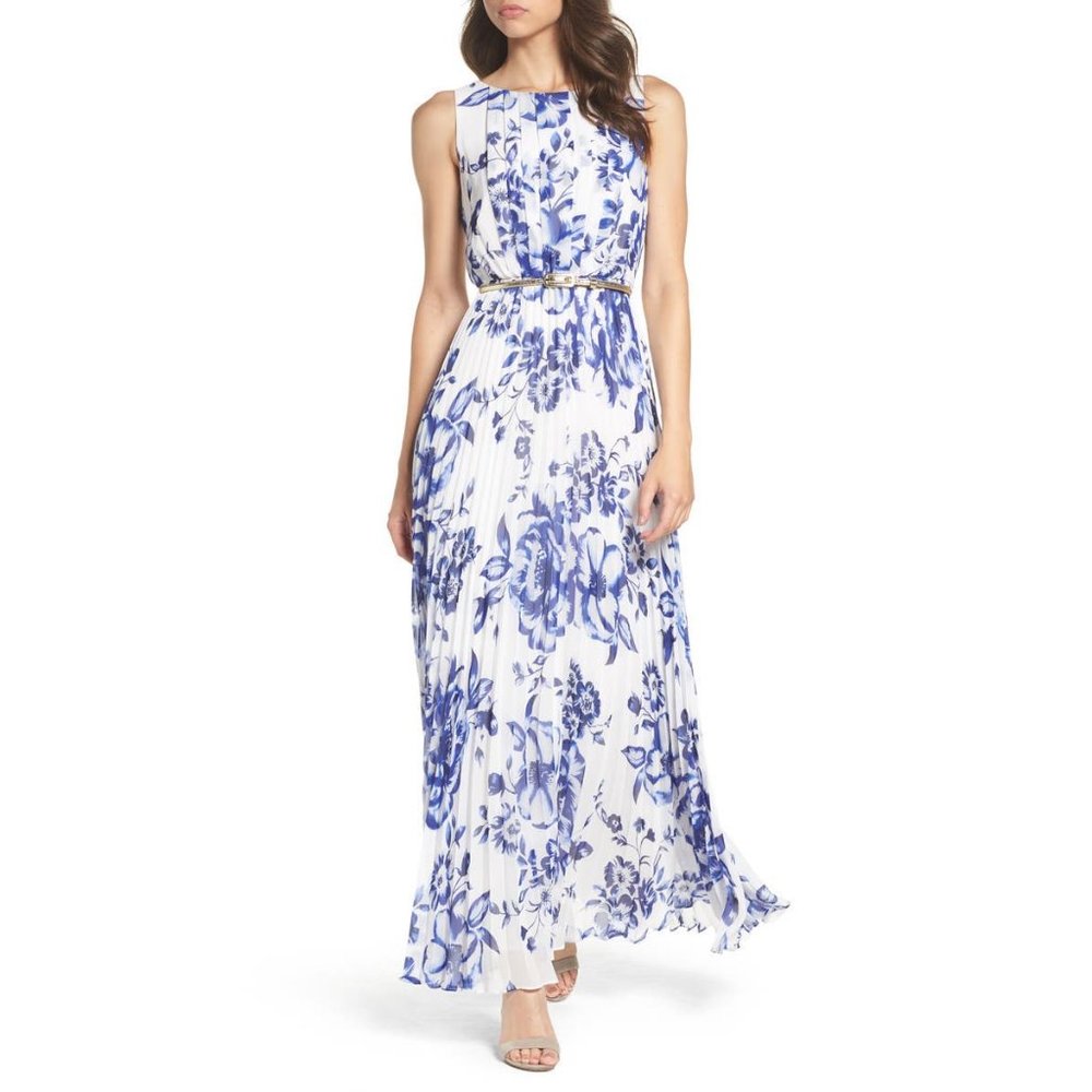Eliza J Blue Pleated Floral Chiffon Maxi Dress